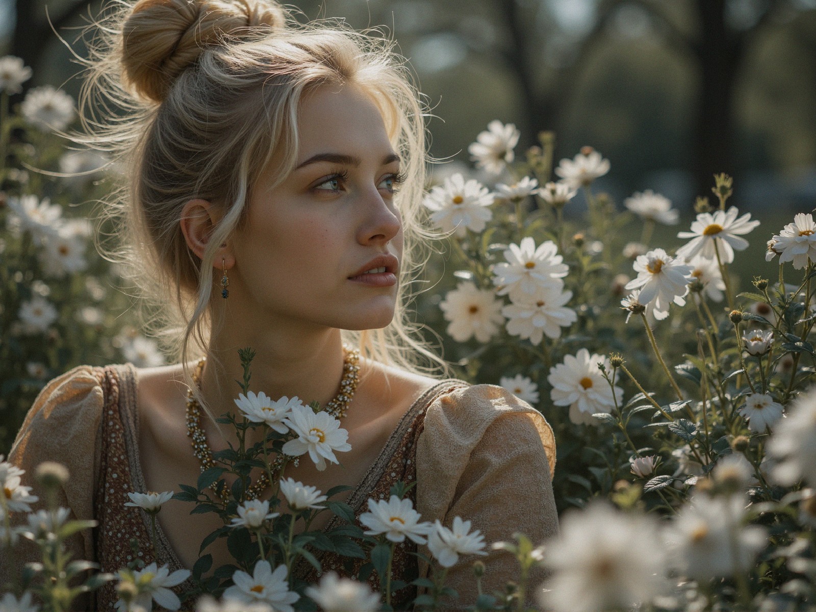 Young woman in vintage dress among white flowers
