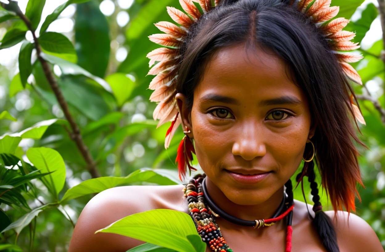 Indigenous Woman in Nature with Traditional Adornments