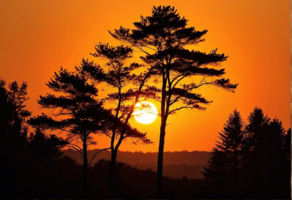 Sunset Silhouette with Pine Trees and Vibrant Sky