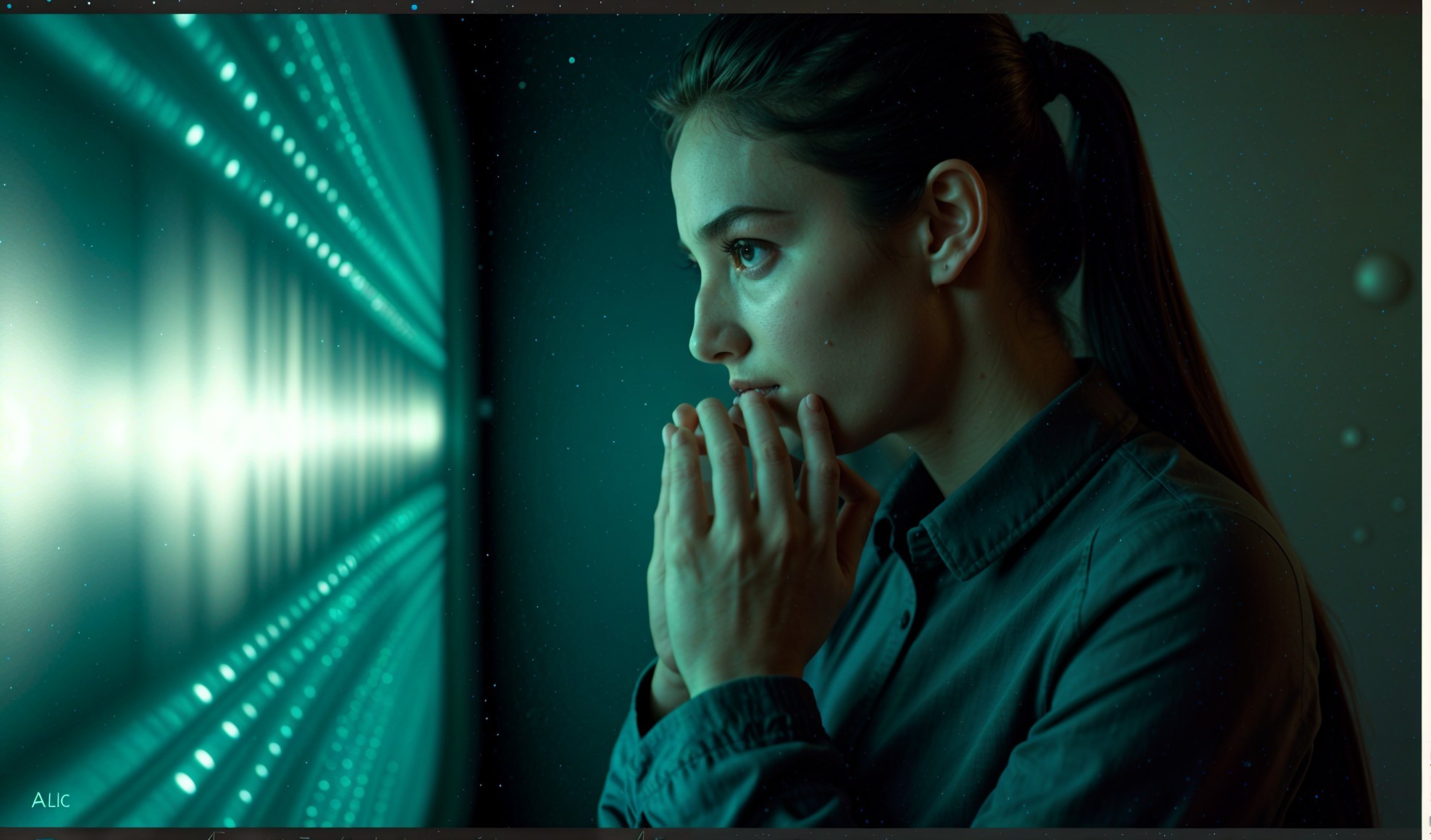 Contemplative Woman in Front of Futuristic Display