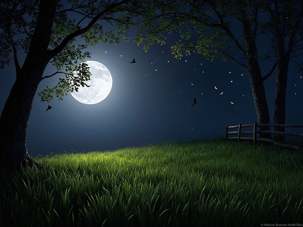 Bright Full Moon Over a Grassy Meadow at Night