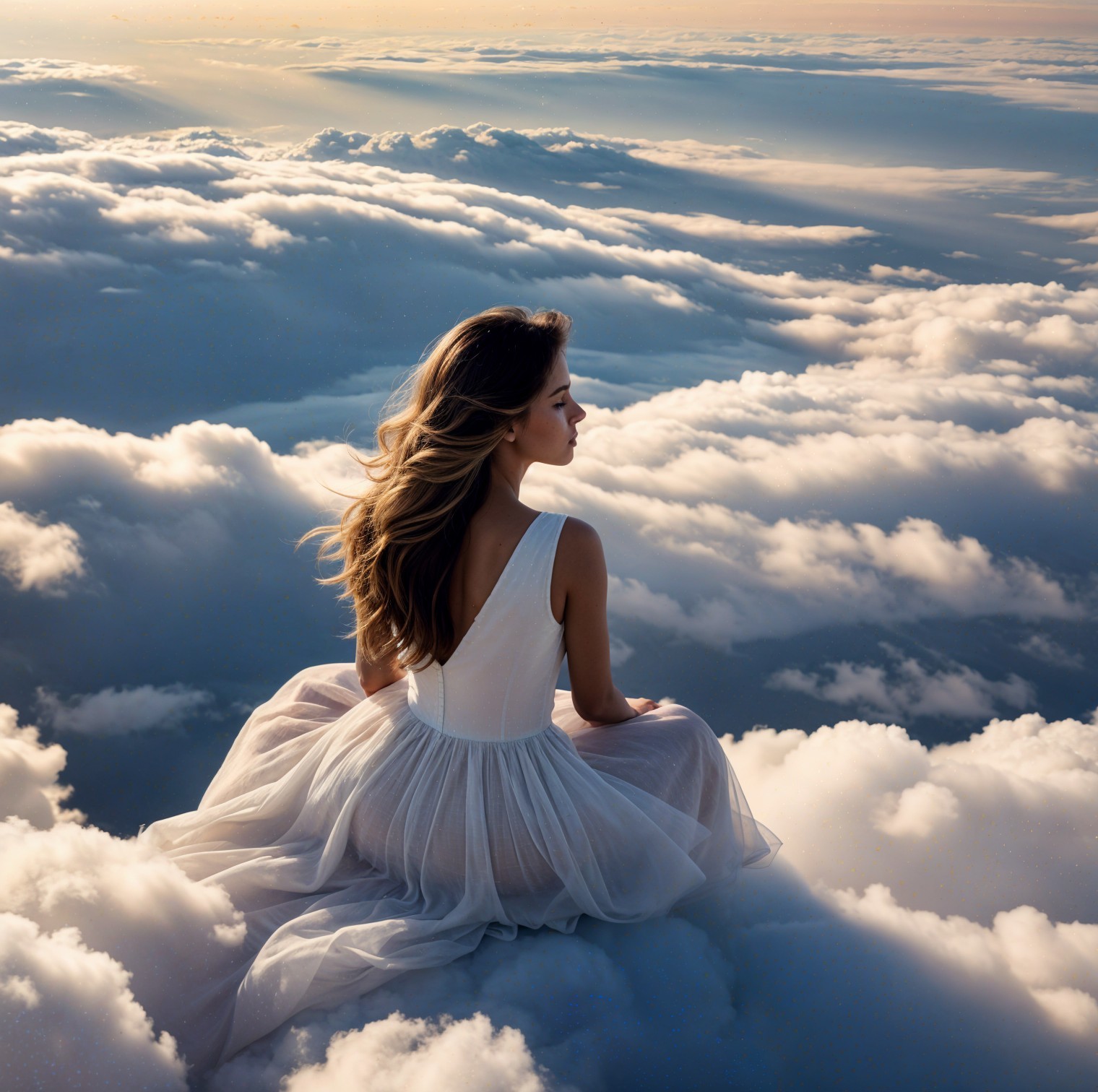 Serene figure on clouds with flowing dress and sunlight