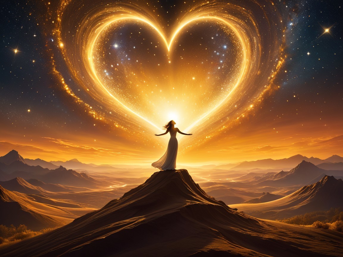 Silhouette of Woman on Mountain Under Heart-Shaped Galaxy