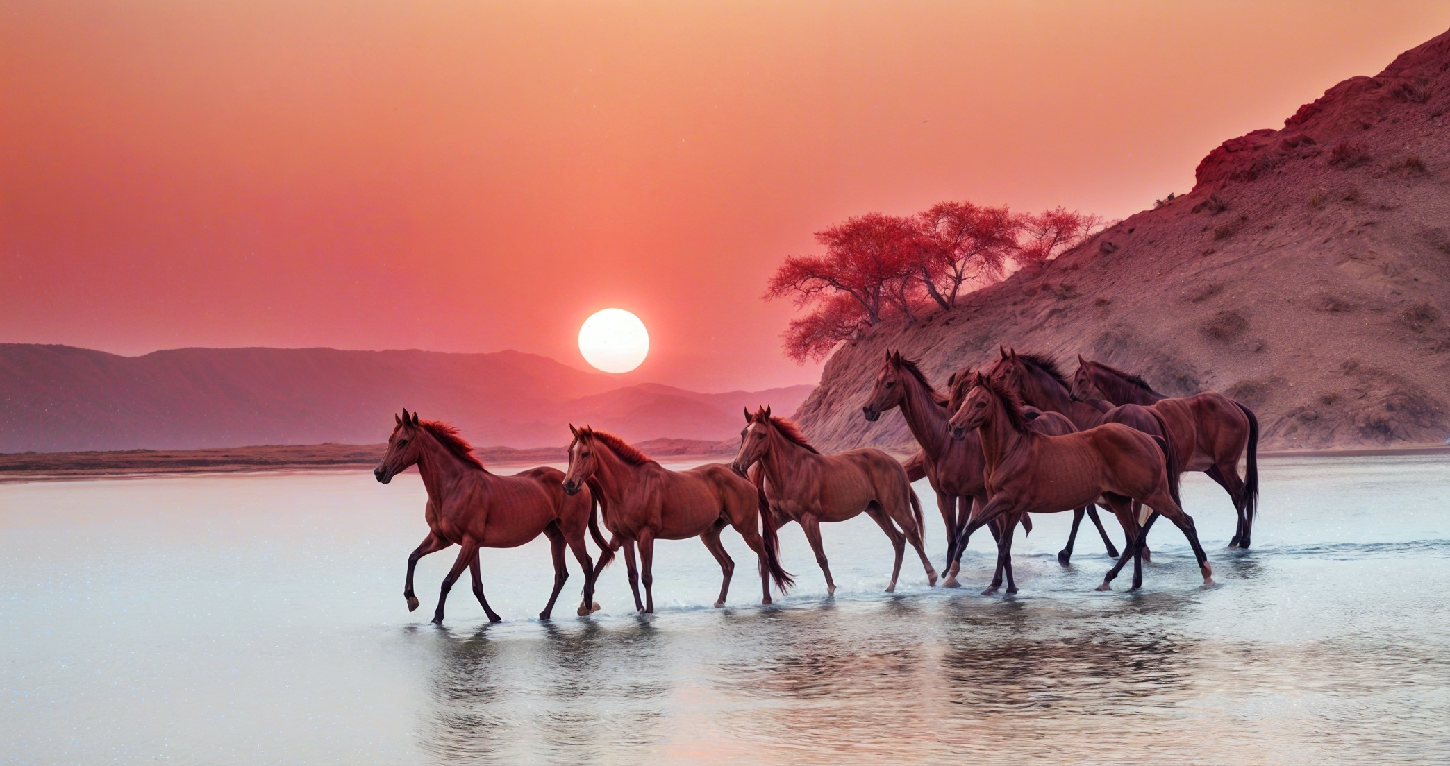 Horses Wading Through Water at Sunset Scene
