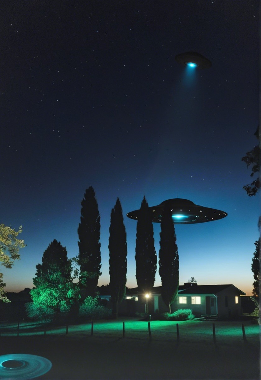 Twilight Landscape with UFOs and Starry Sky