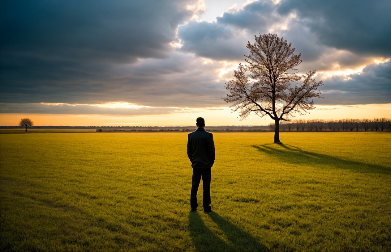 Solitary Figure in Golden-Green Field at Sunset