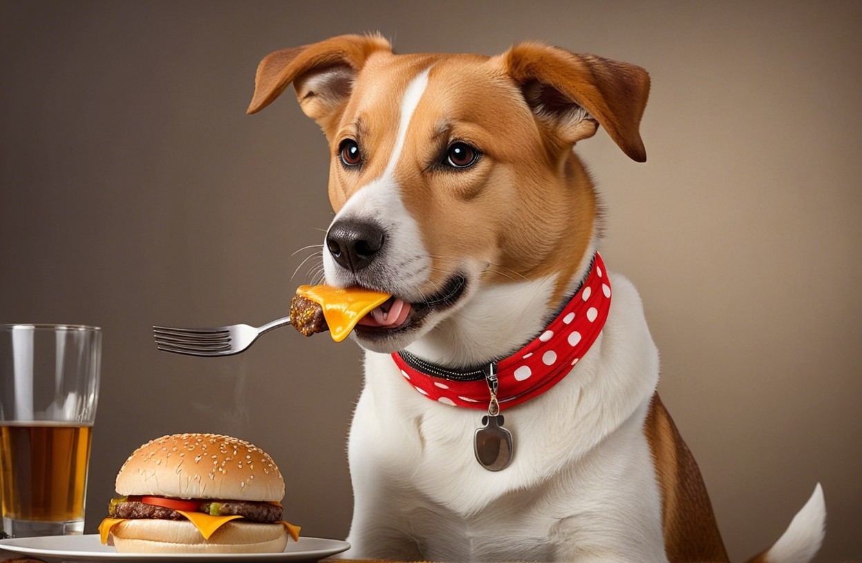 Playful Dog with Fork and Hamburger at Table