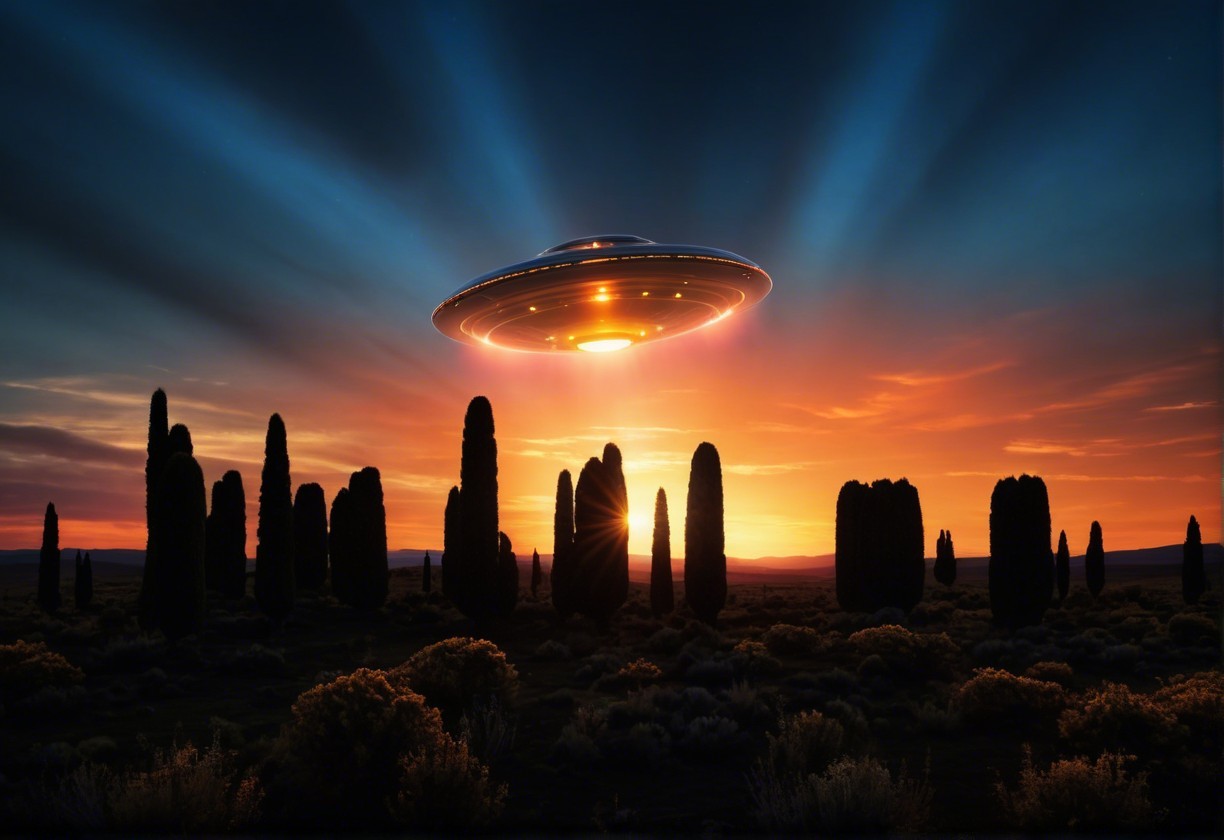 UFO Over Desert at Sunset with Cacti Silhouettes