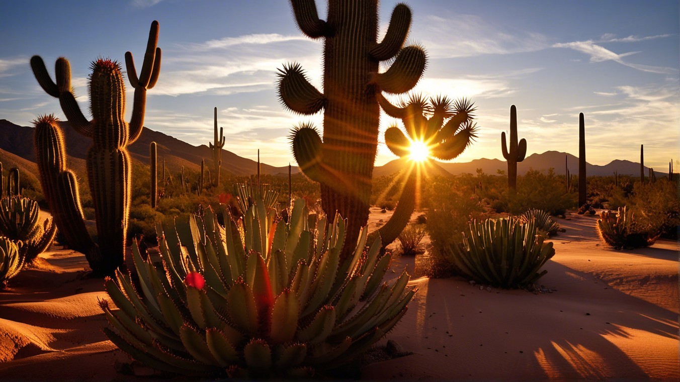 Desert Landscape with Cacti at Vibrant Sunset