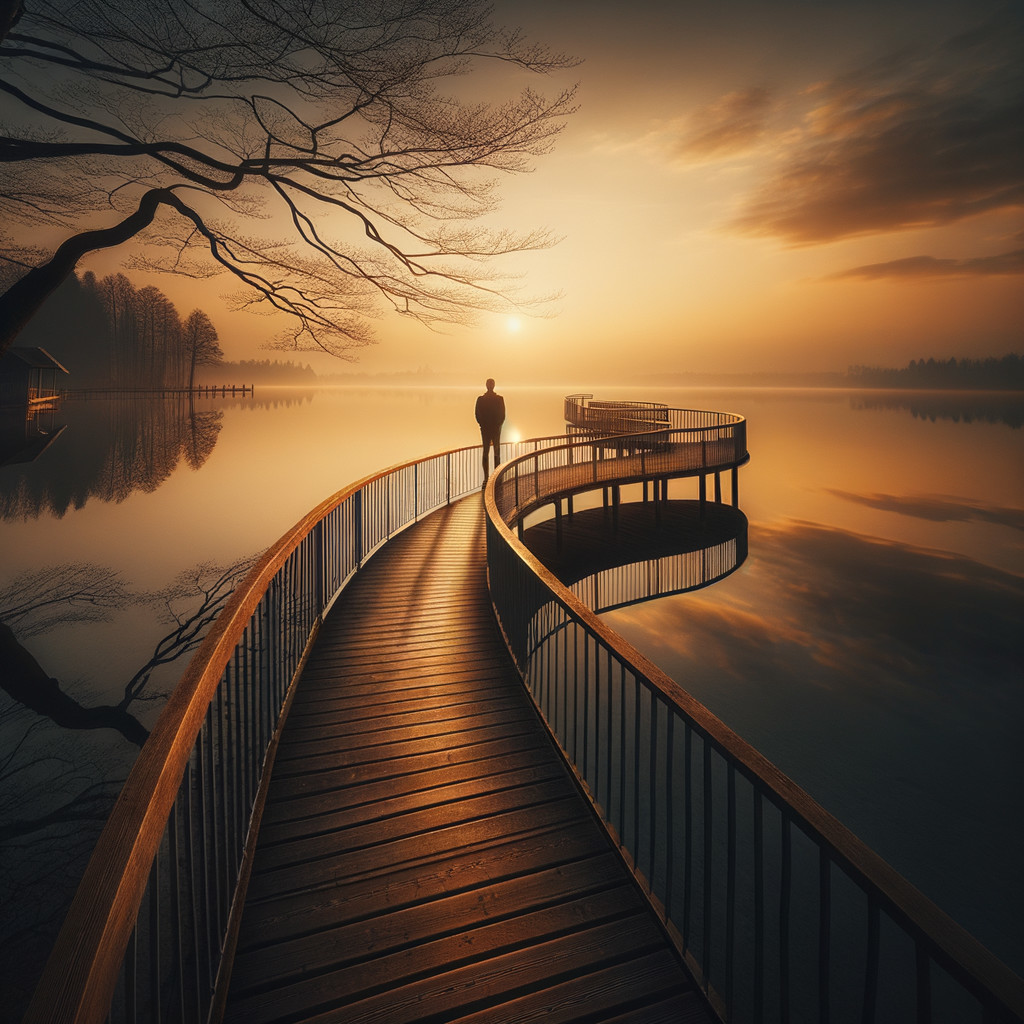 Wooden Walkway Over Still Waters at Sunrise
