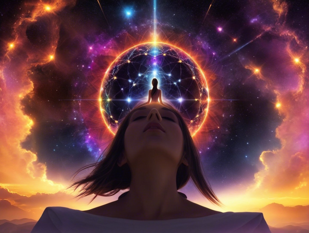 Serene Woman Surrounded by Cosmic Light and Energy