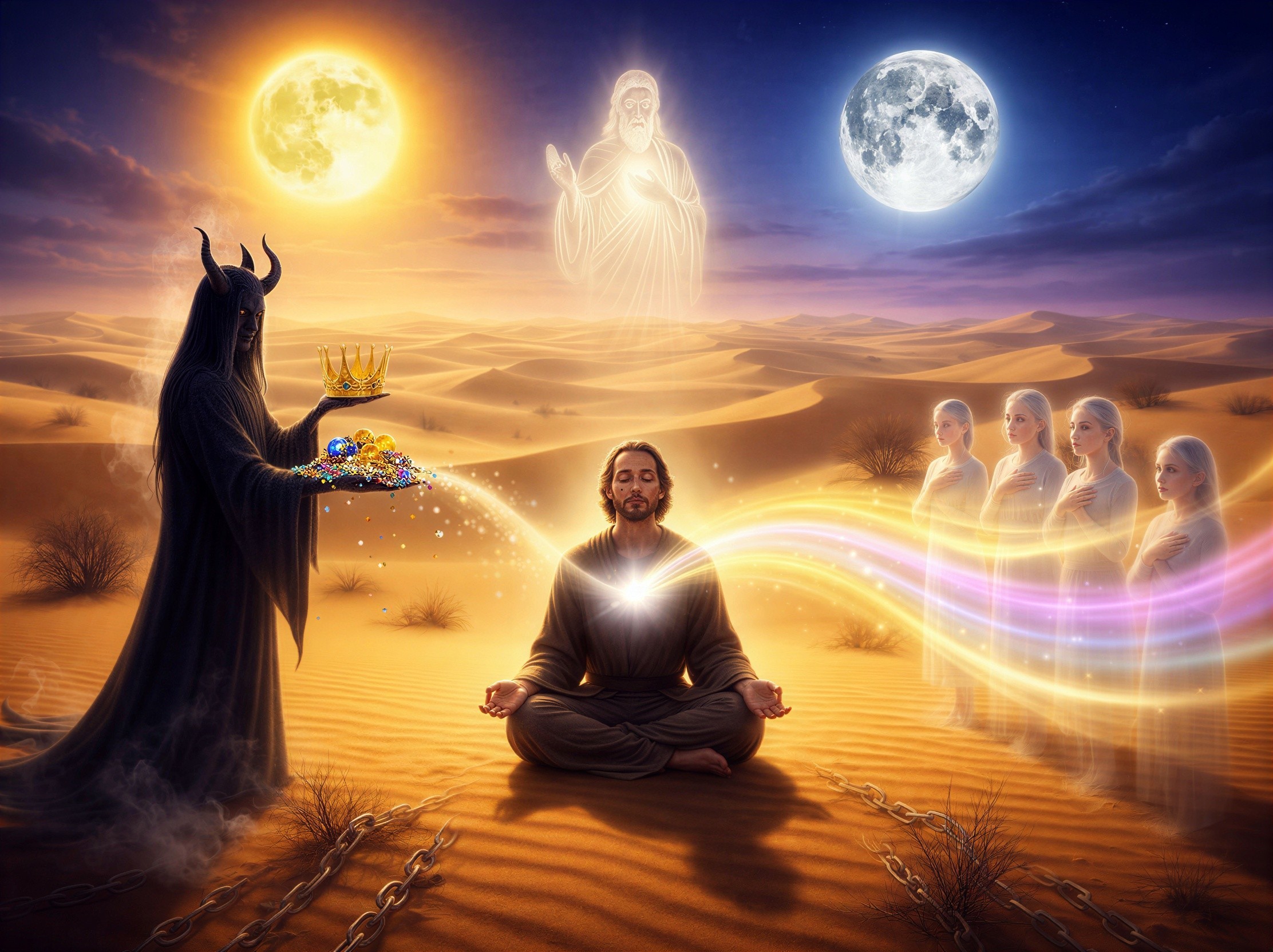 Meditating Man in Desert with Grim Reaper Figure