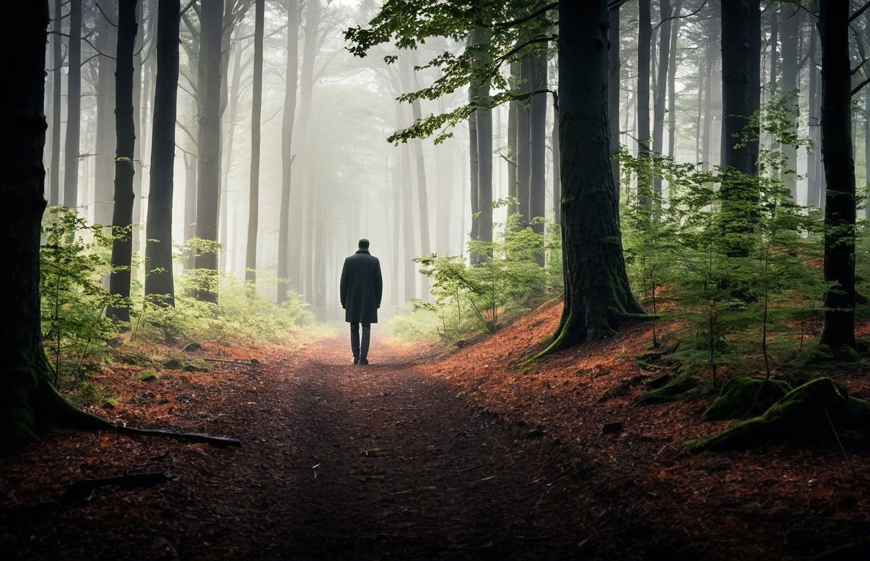 Solitary Figure on a Foggy Forest Path