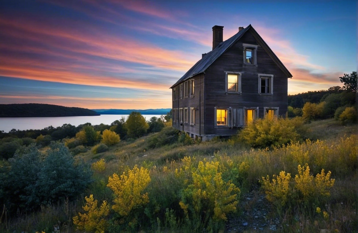 Abandoned Two-Story House at Twilight with Wildflowers