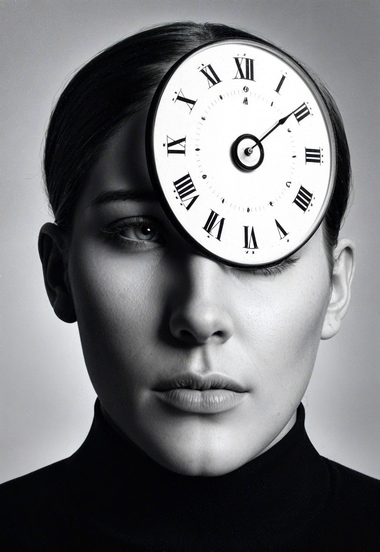 Black and White Portrait of Woman with Clock Face