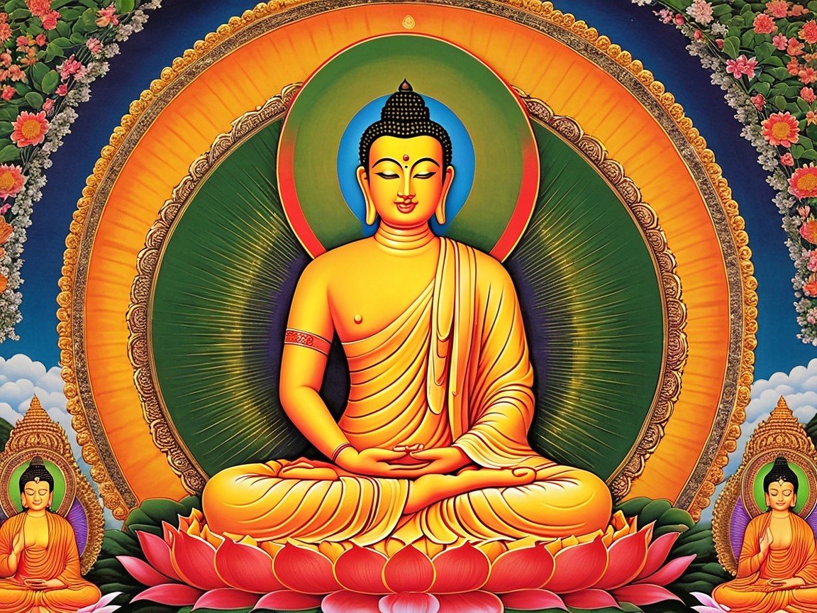 Buddha in Meditation Surrounded by Colorful Flowers