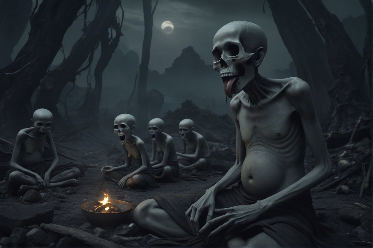 Skeletal Figures Gather Around a Flickering Fire