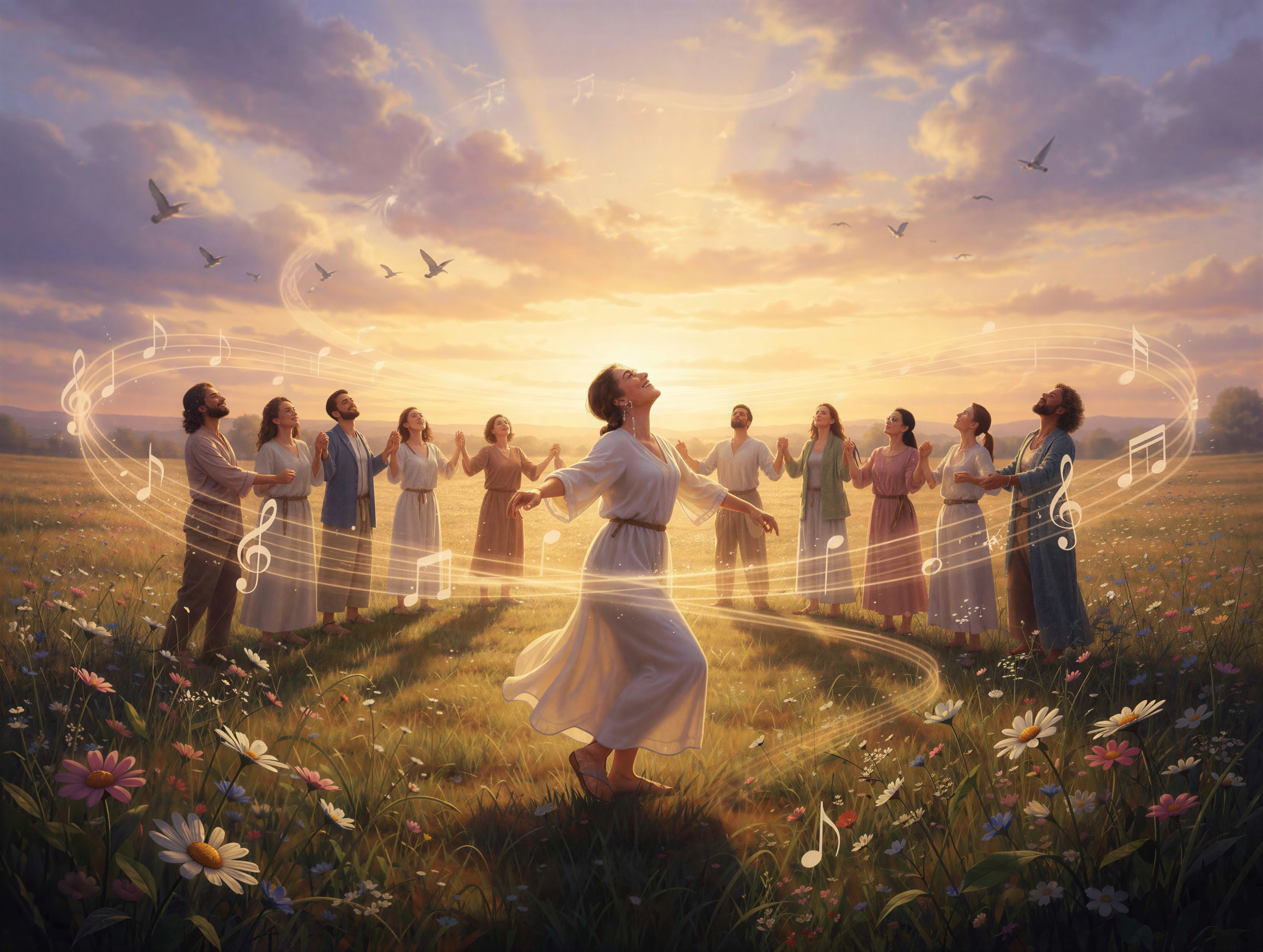 Joyful Group in Earthy Tones Dancing at Sunset