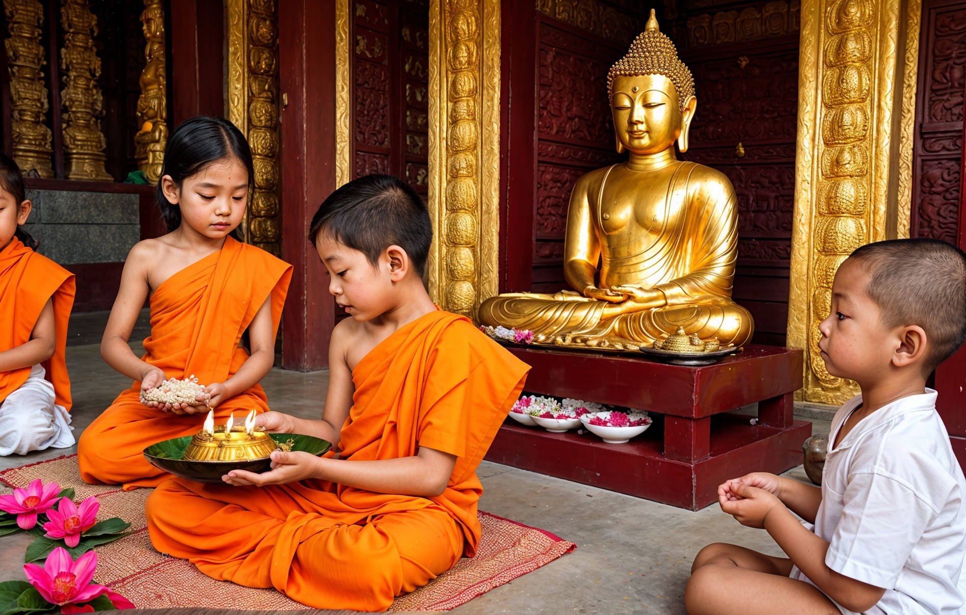 Children in Orange Robes at a Temple with Buddha Statue