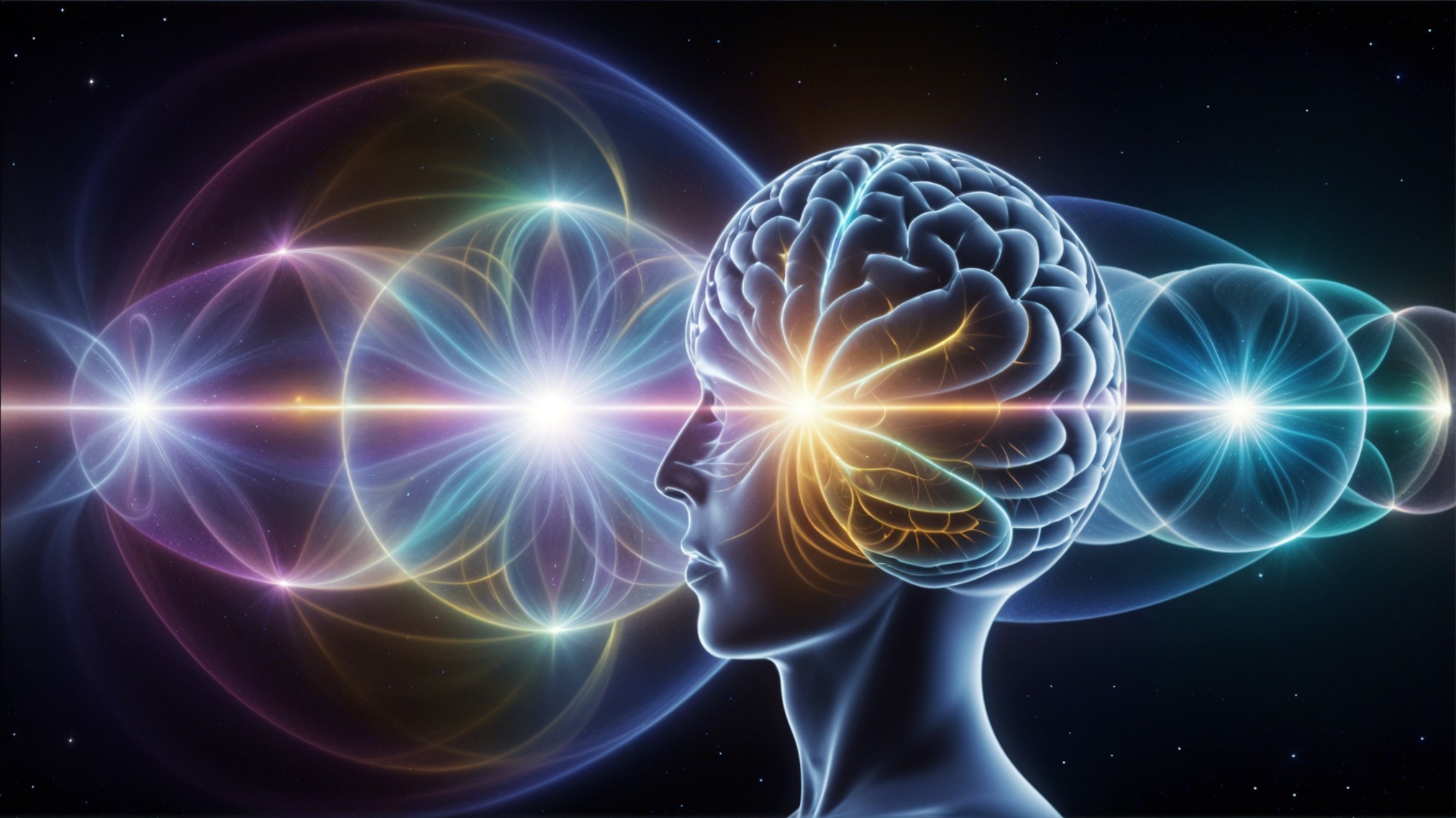 Stylized Human Head with Brain and Cosmic Background