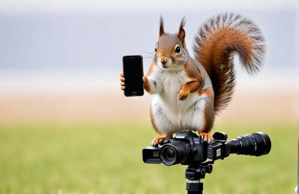 Squirrel Taking Selfie on Camera in Green Grass