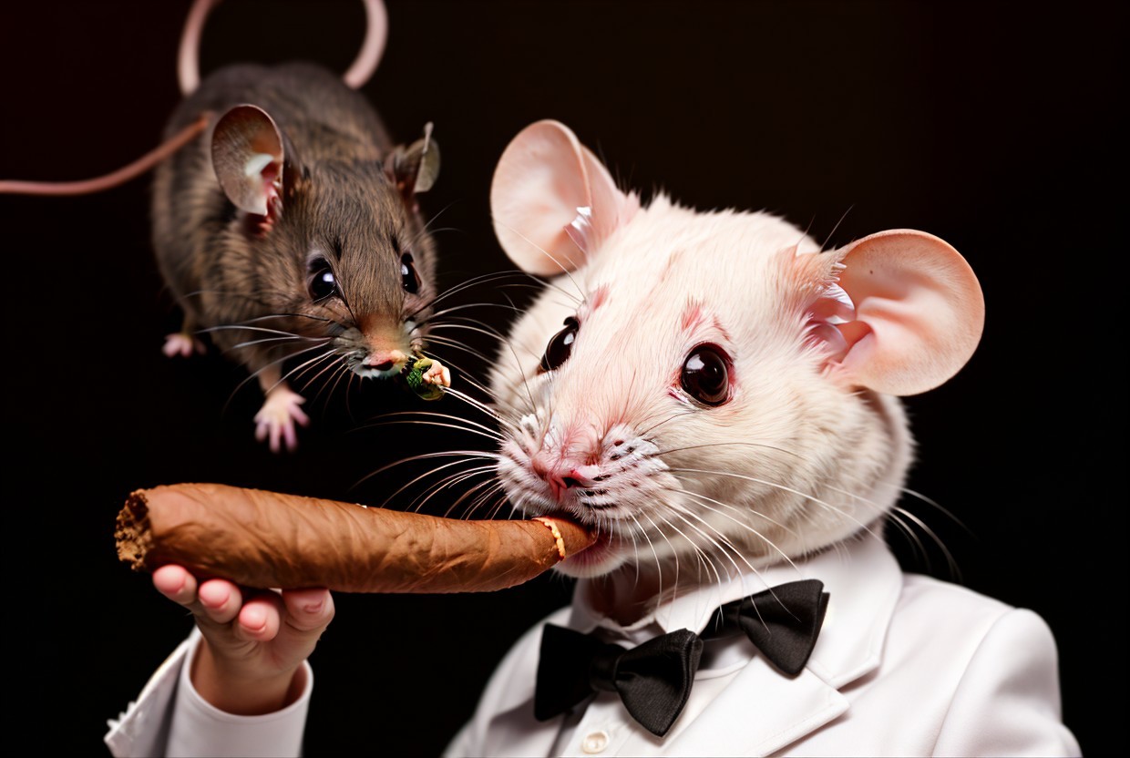 Whimsical Scene of Tuxedo Mouse with Playful Companion