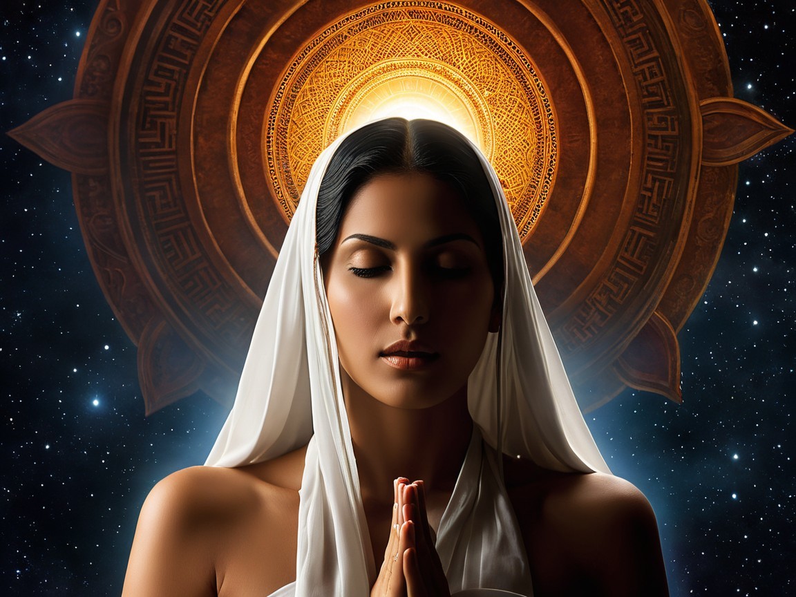 Serene woman in white veil with cosmic background