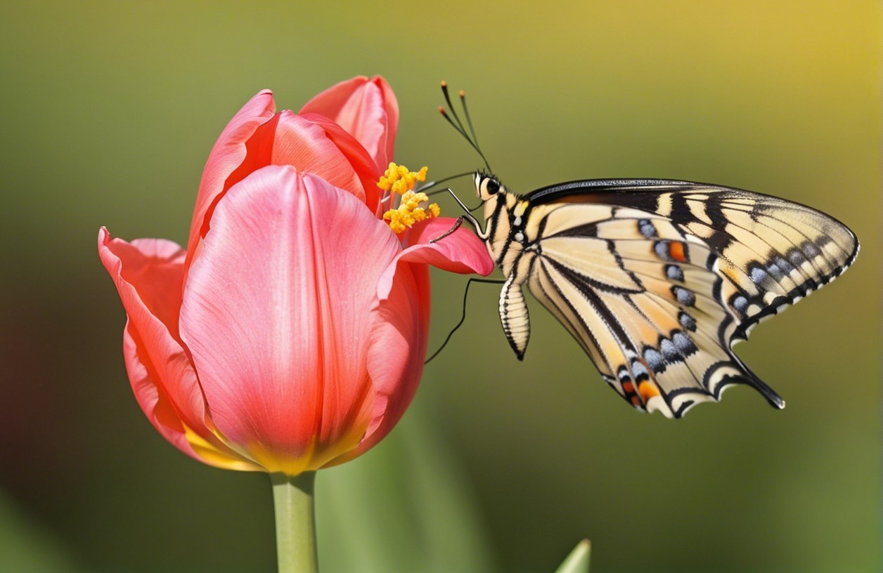Butterfly on Pink Tulip in Serene Nature Scene