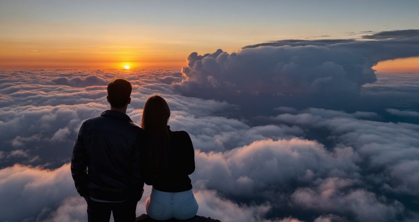 Couple at Rocky Ledge During Colorful Sunset