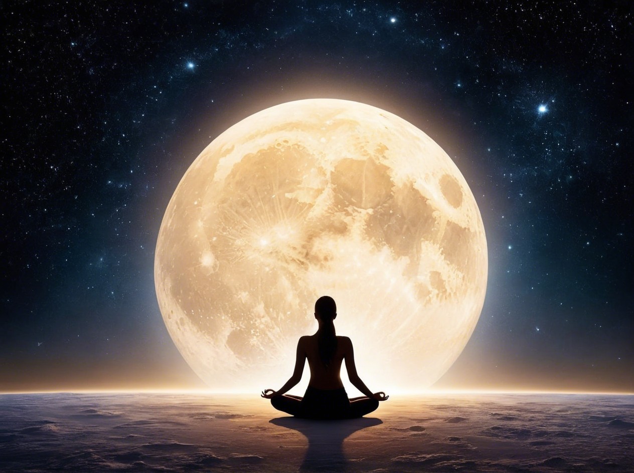 Silhouette of a Meditating Figure Against a Full Moon