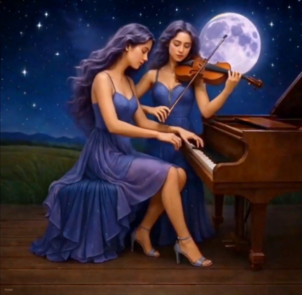 Moonlit Duet with Piano and Violin in Blue Dresses