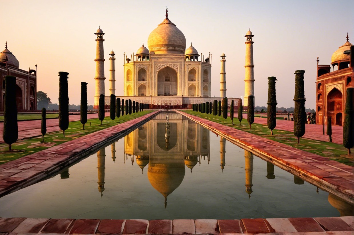 Taj Mahal at Sunrise with Reflective Pool and Gardens
