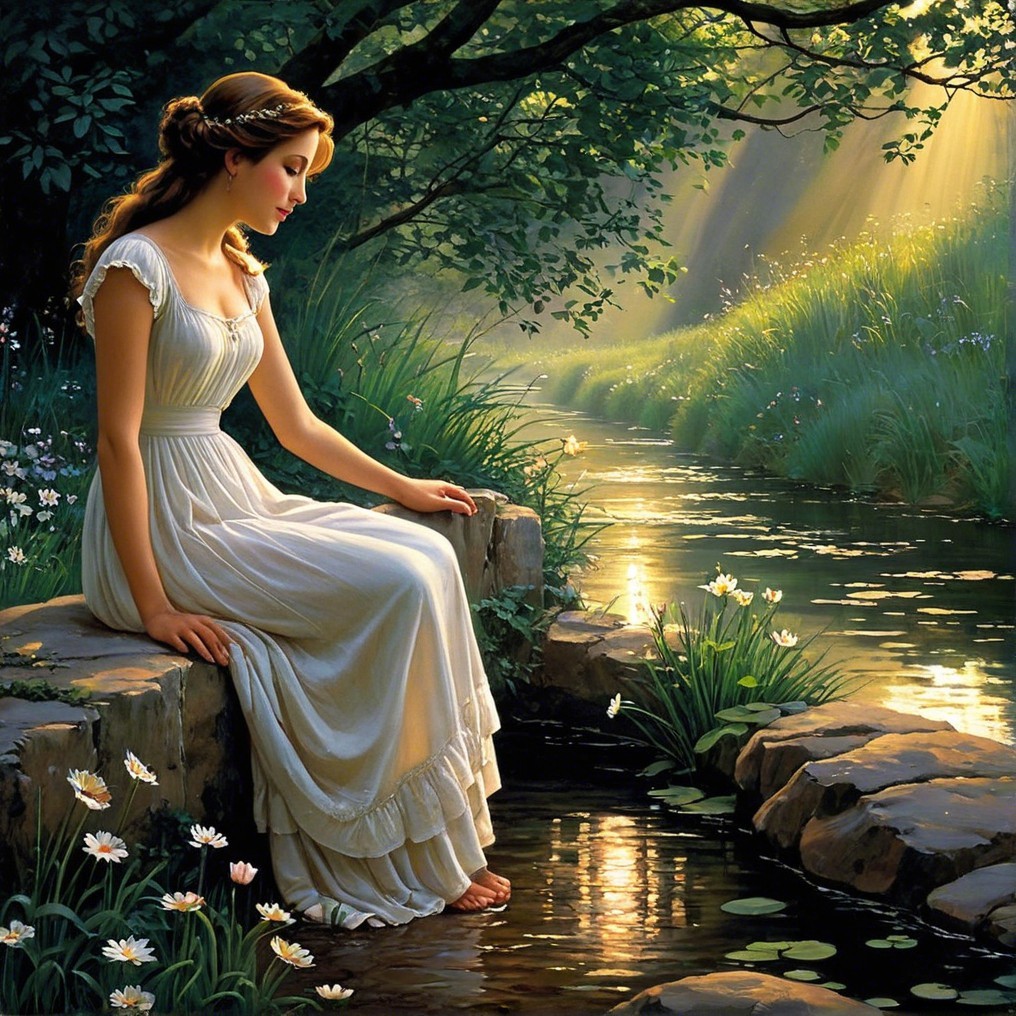 Young Woman by Tranquil Stream Surrounded by Nature