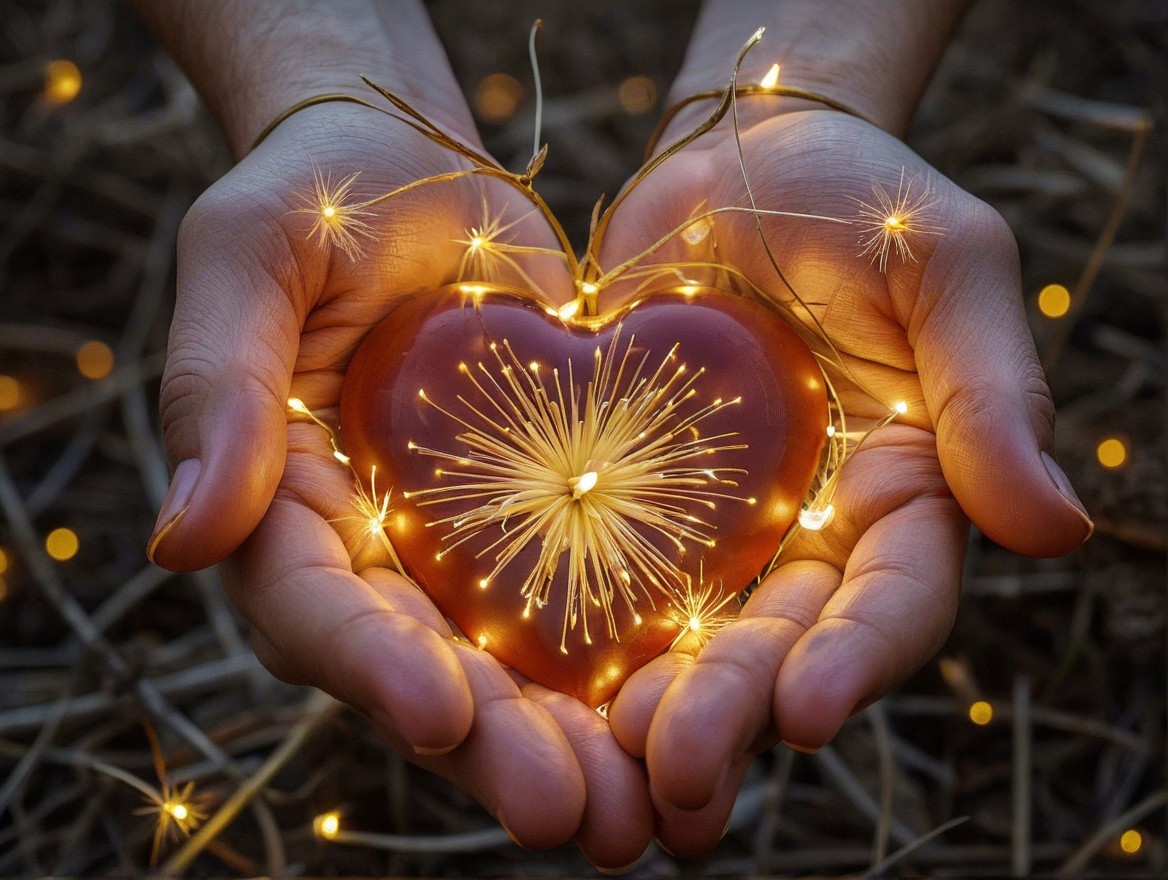 Hands Cradling a Shiny Red Heart with Fairy Lights