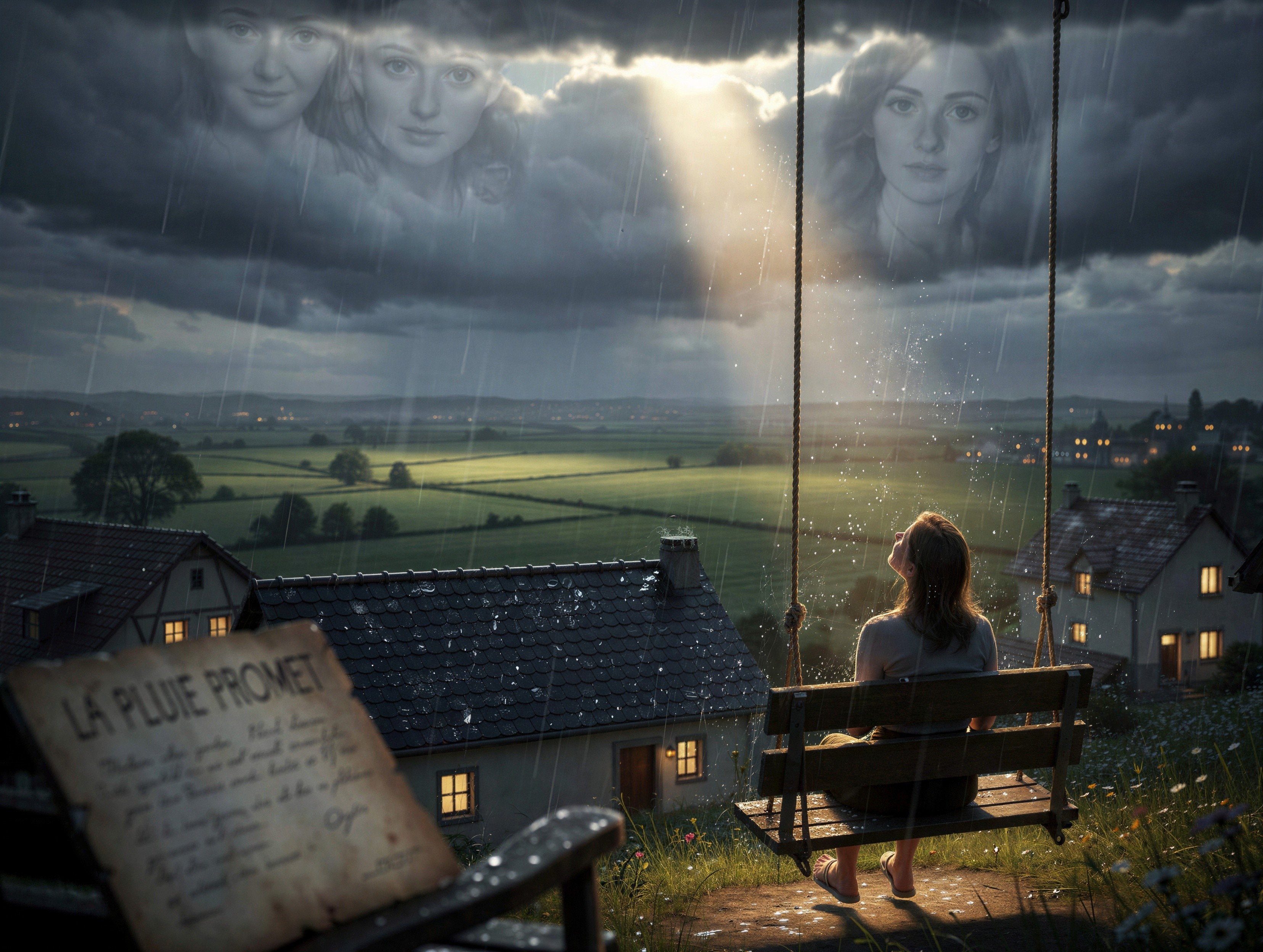 Night Landscape with Woman on Swing and Cloud Faces