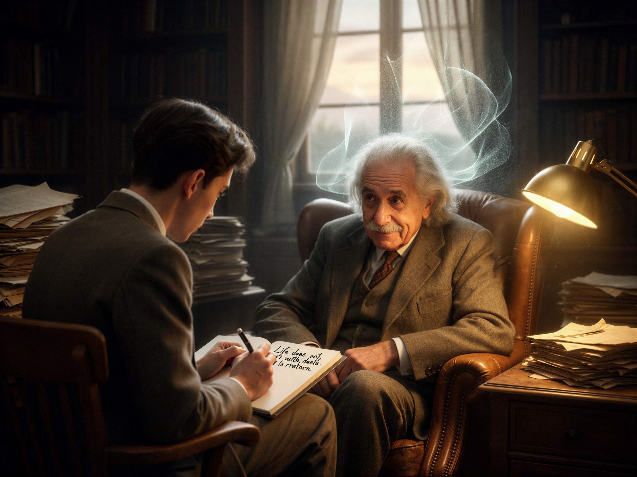 Young Man Writing in Profile Near Older Man in Suit