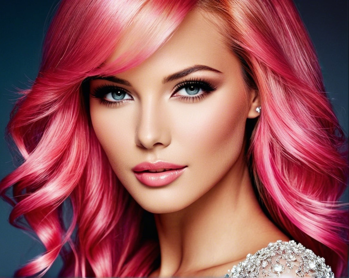 Portrait of a Woman with Pink Curly Hair and Blue Eyes