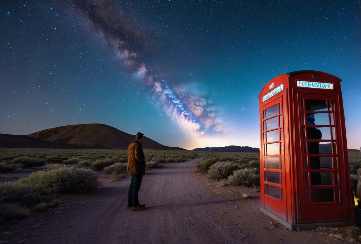Lone Figure by Red Telephone Booth in Desert Landscape