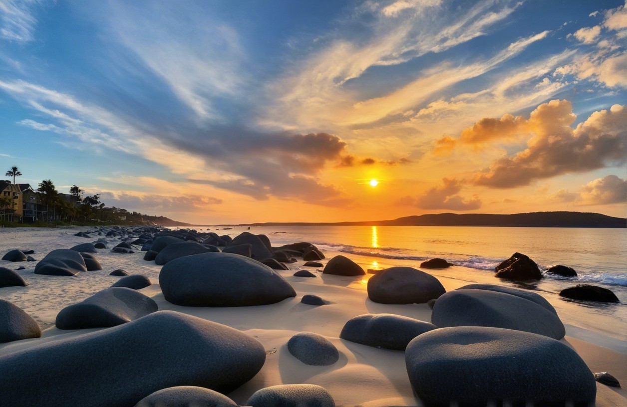 Serene Beach at Sunset with Black Stones and Waves