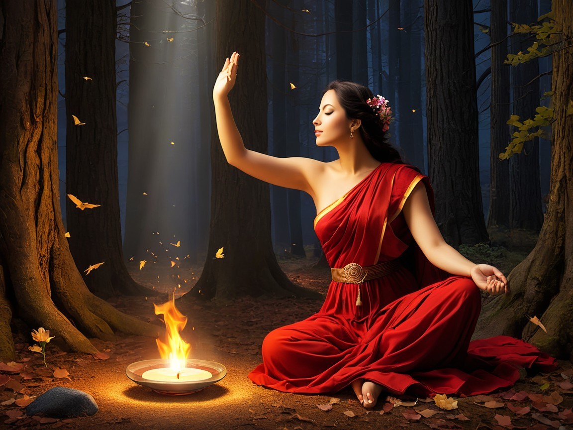 Young woman in red gown seated in a magical forest