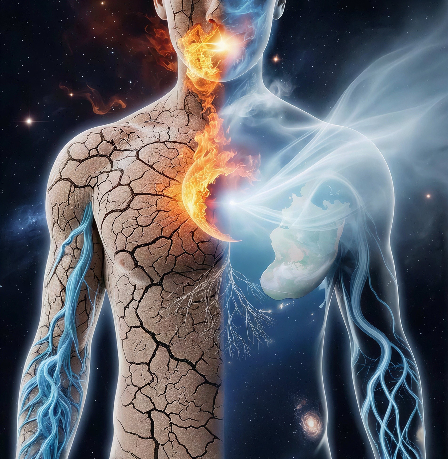 Conceptual Artwork of Split Upper Body in Cosmic Setting