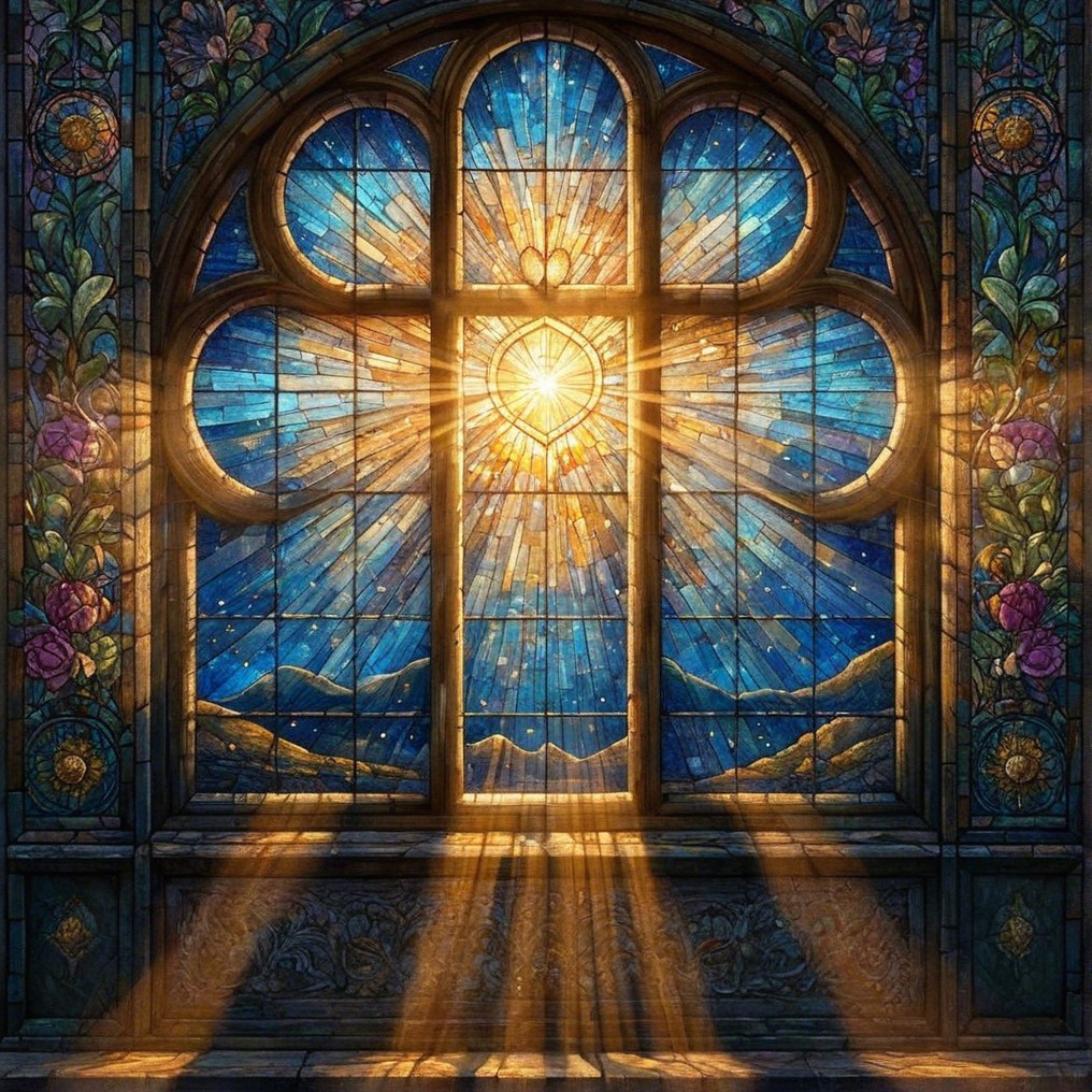 Vibrant Stained Glass Window with Sunburst Design