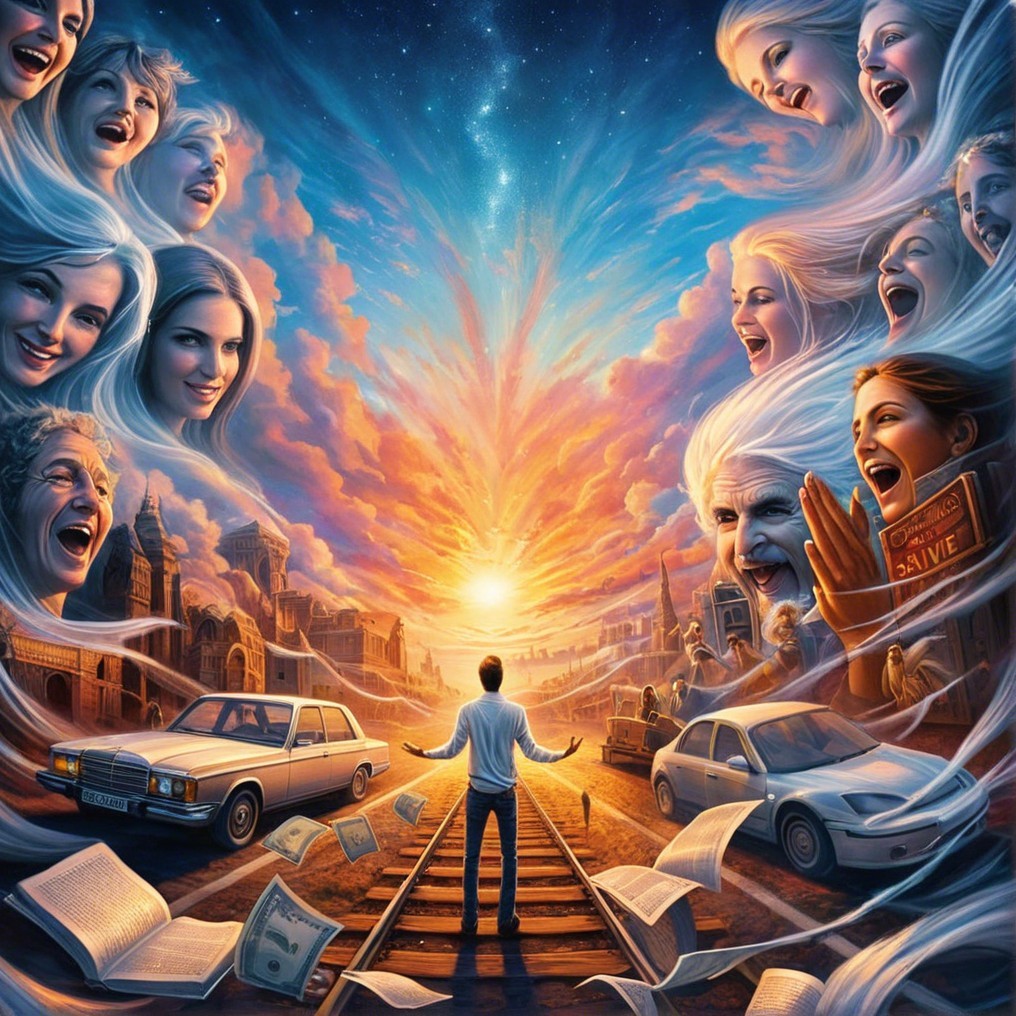 Surreal Scene of Man on Railway Tracks at Sunset