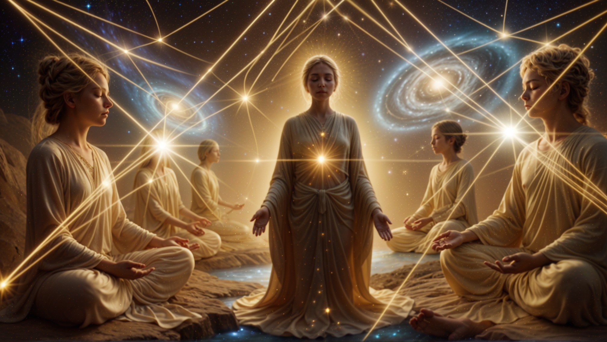 Five Figures Meditating in Cosmic Spiritual Scene
