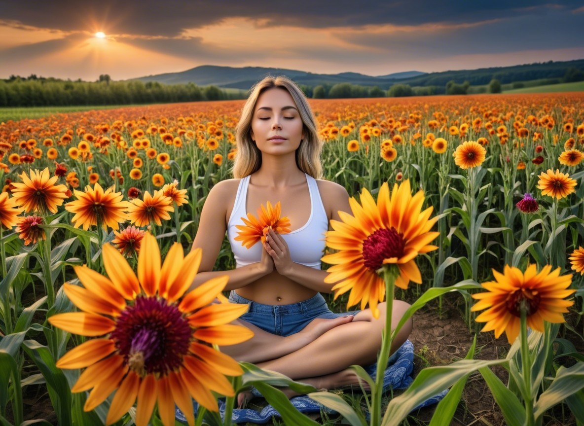Sunset Meditation in a Sunflower Field