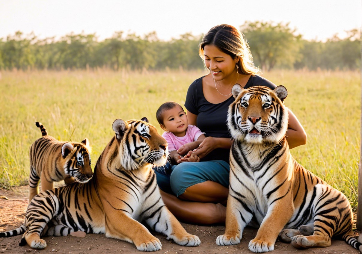 Mother and Baby Amidst Tigers in Serene Landscape