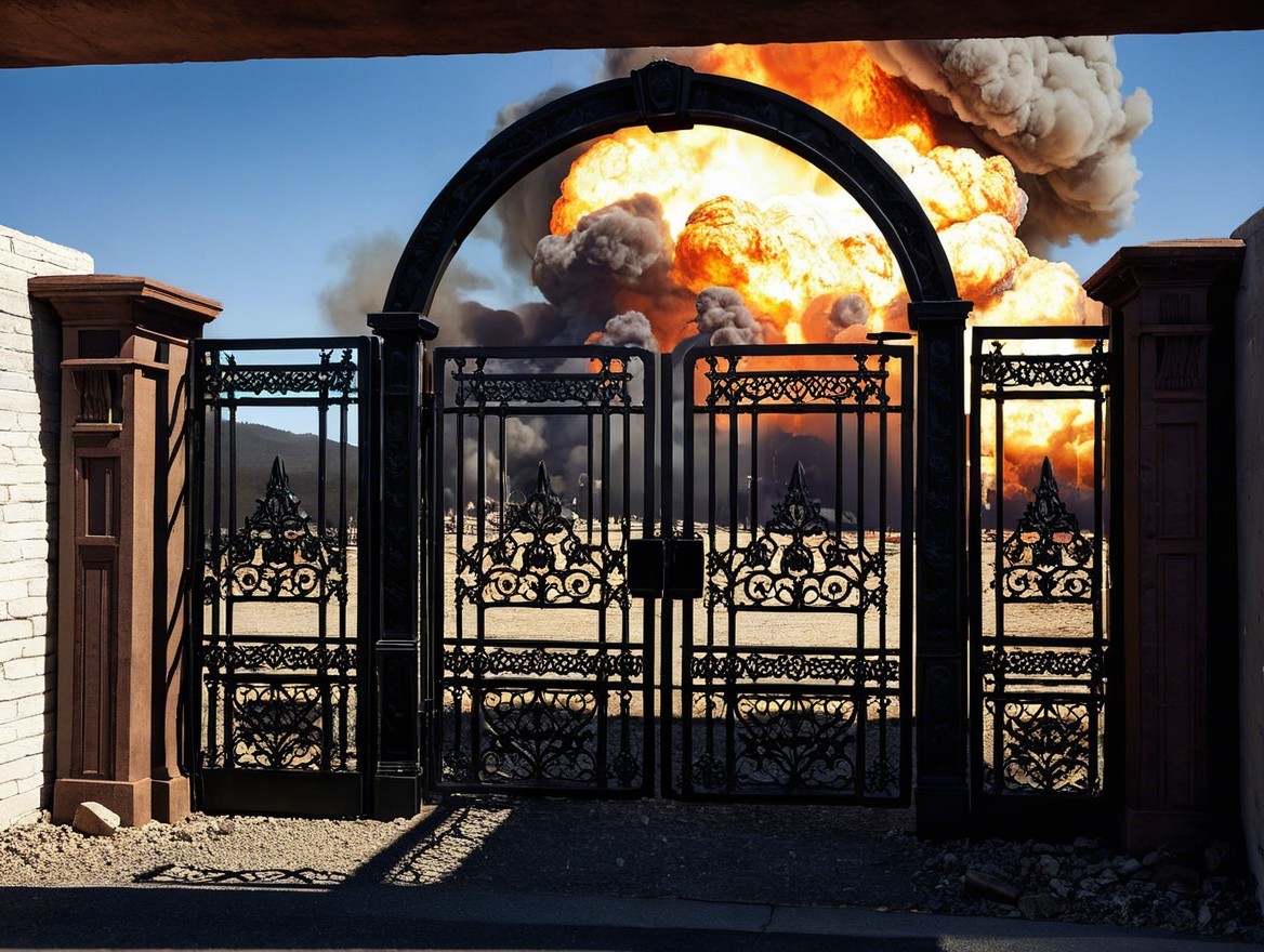 Open Metal Gate Framed by Pillars and Explosion