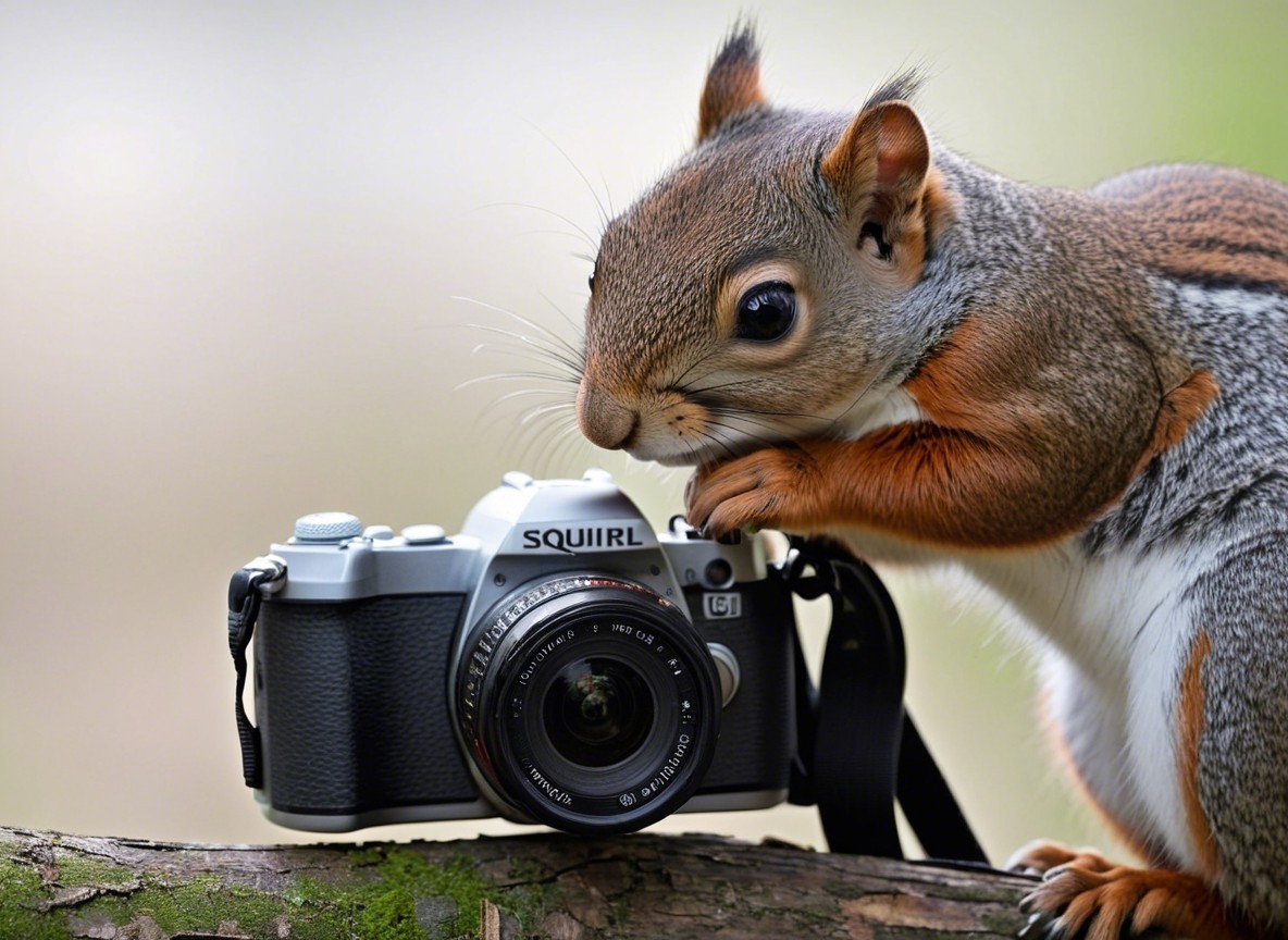 Curious Squirrel Resting Beside a Camera on Moss