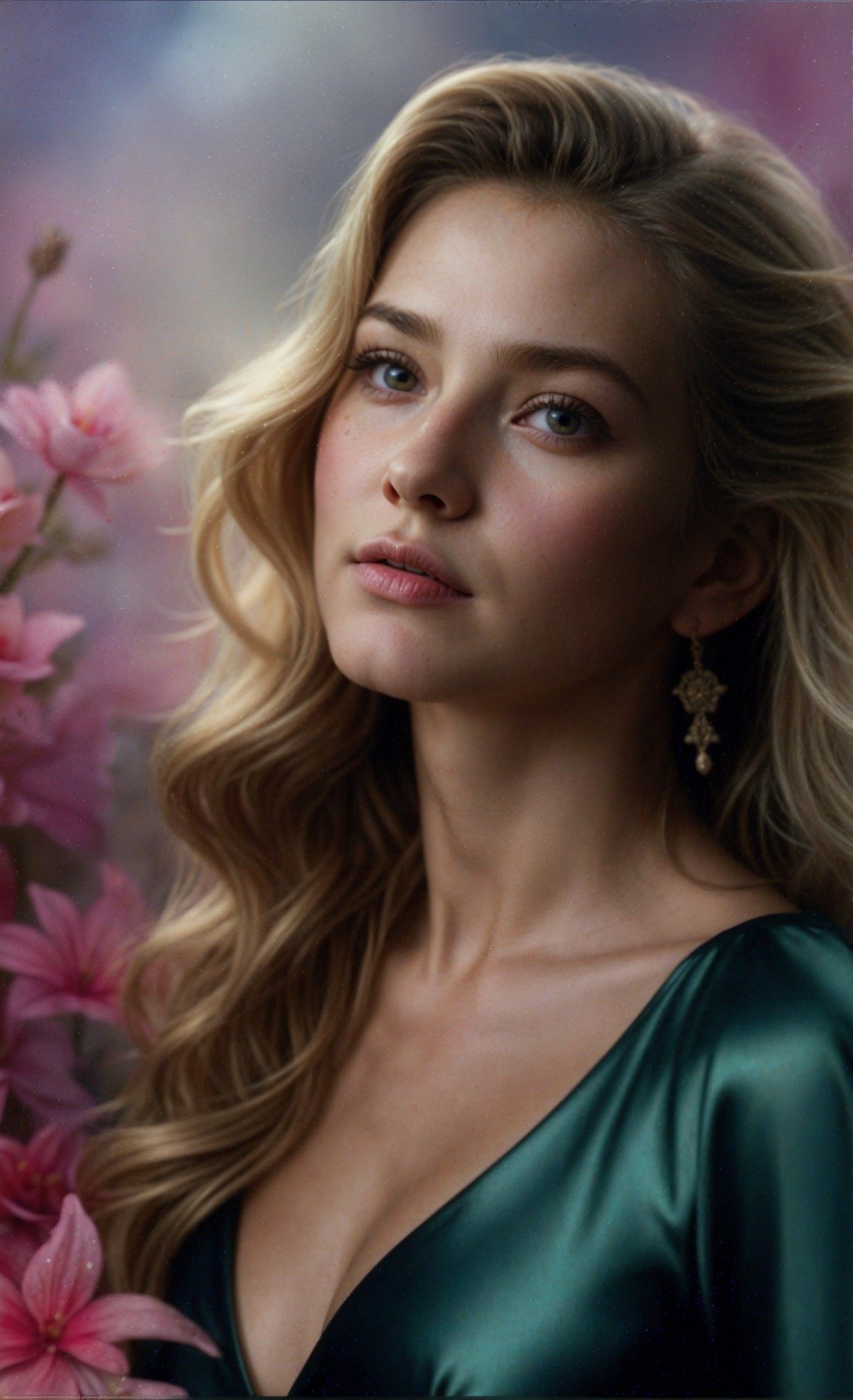 Young woman in green dress among pink flowers