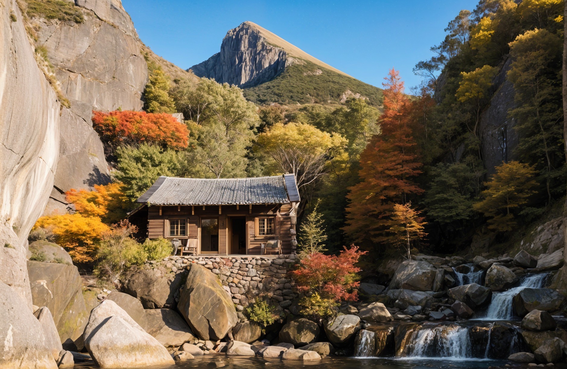 Wooden Cabin Surrounded by Autumn Foliage and Peaks